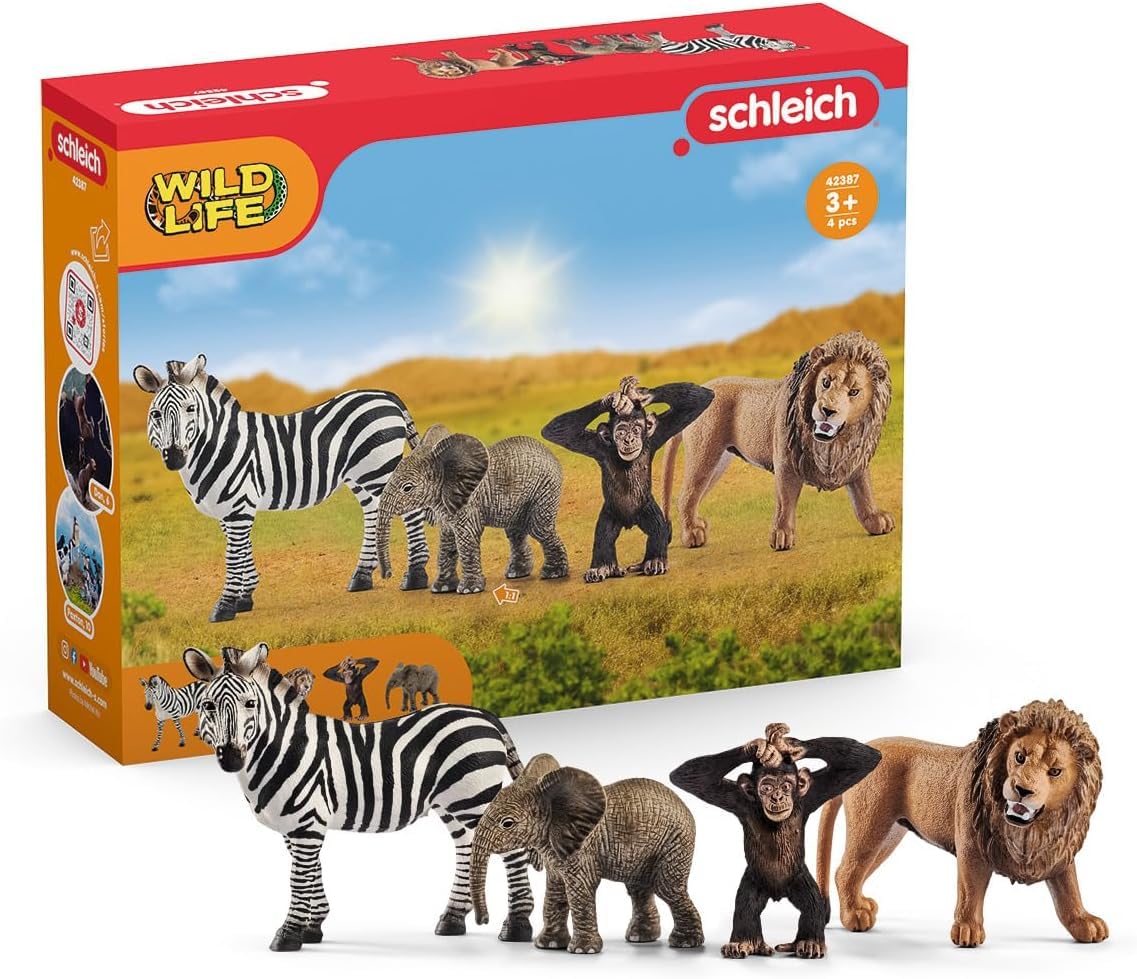 Wild Life - 4 PC Safari Animals Figurines Set with Zebra, Elephant, Chimp, and Lion - Realistic African Animal Figures Playset for Boys and Girls - Educational Toys for Kids Ages 3+