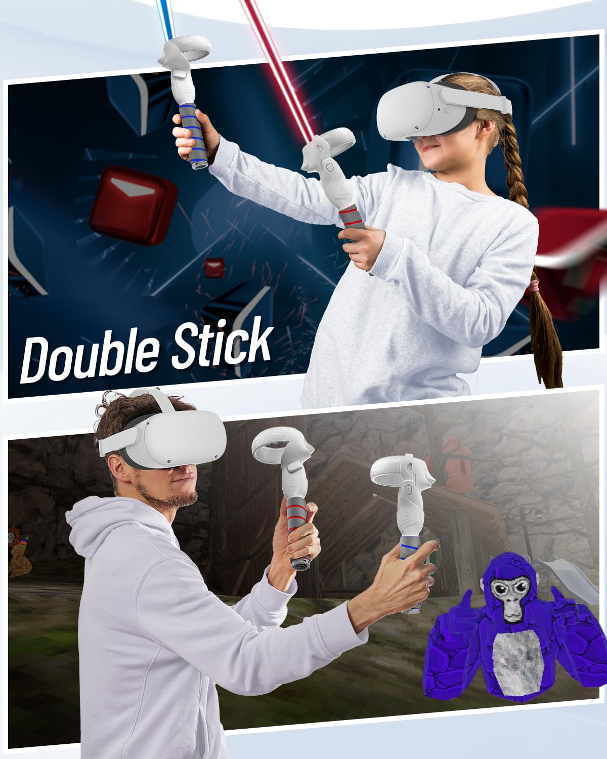 ZYBER Poignée de fixation 3 en 1 pour manette Oculus Quest 2, bâtons de bras longs VR Gorilla Tag pour Meta Quest 2 Beat Saber Golf Club Baseball, améliore l'expérience de jeu VR