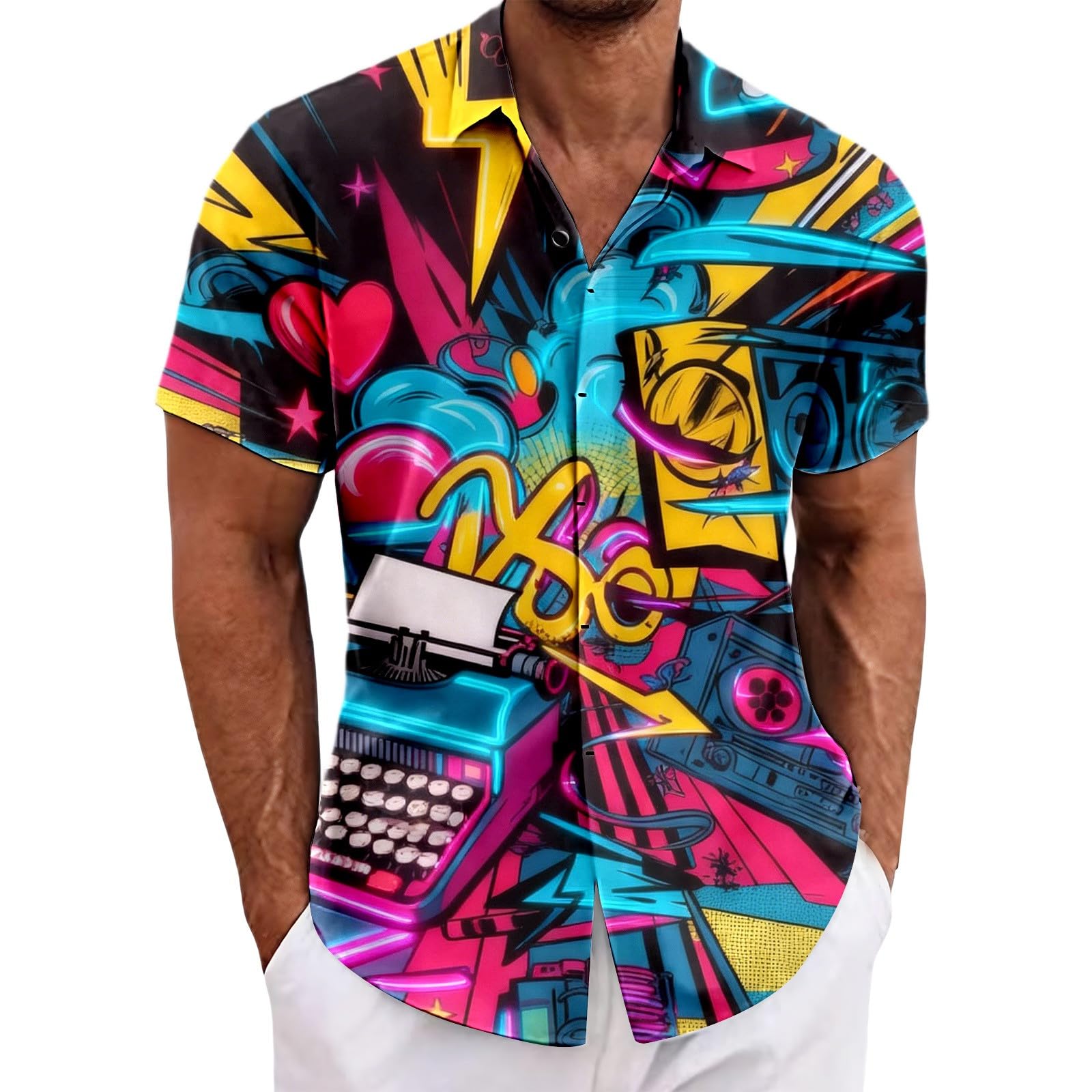 RUMAOZIA Men's Hawaiian Shirt 80s 90s Style Short Sleeve Carnival Fancy Dress Outfit 80s Shirts 90s Button Up Shirt Retro Hawaiian Beach Shirt Neon Disco Funny Party Shirts Colourful Vintage Shirts โ image 1