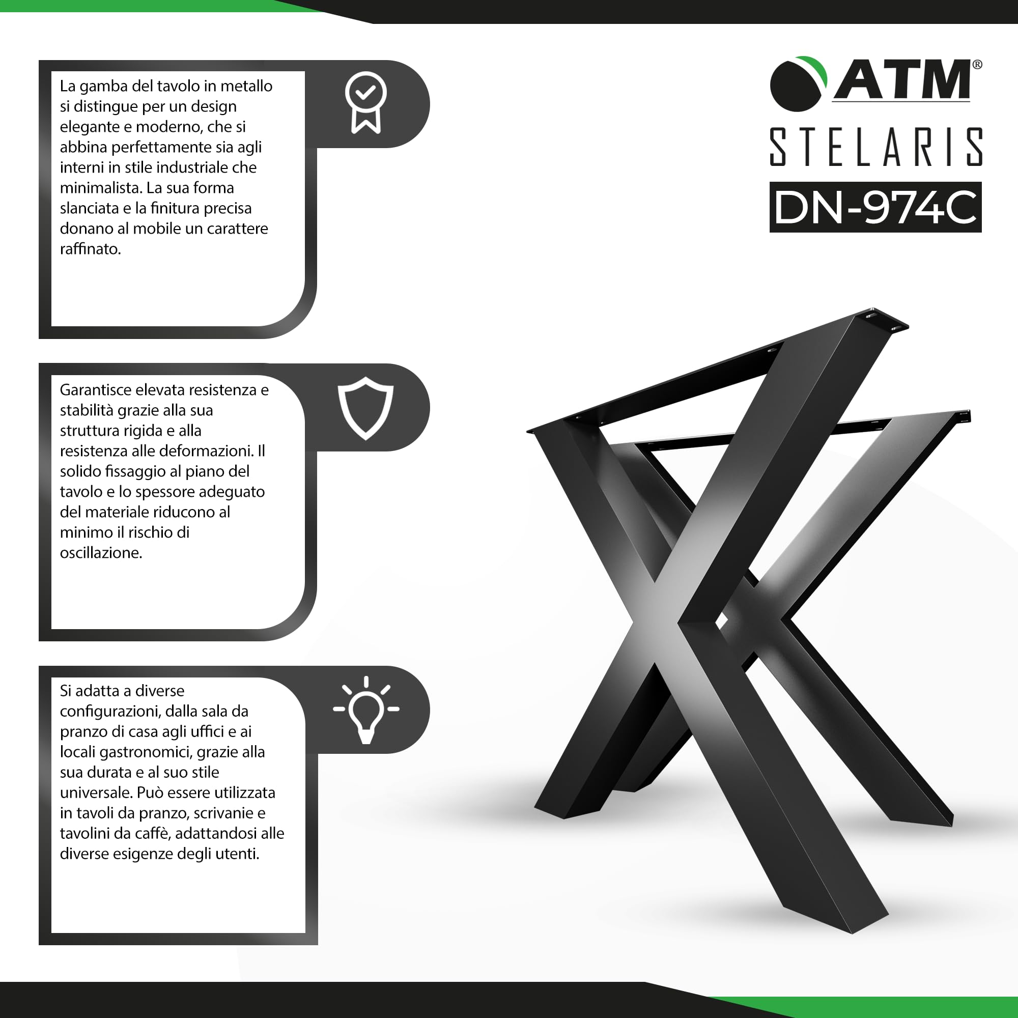 ATM® Piedi per Tavolo a Forma di X | 2 Traversine per Mobili | Profilo Metallico 80x80mm | Base Solida per Tavoli, Scrivanie e Piani di Lavoro | Struttura in Acciaio (Alt. 73 cm) | Nero Opaco