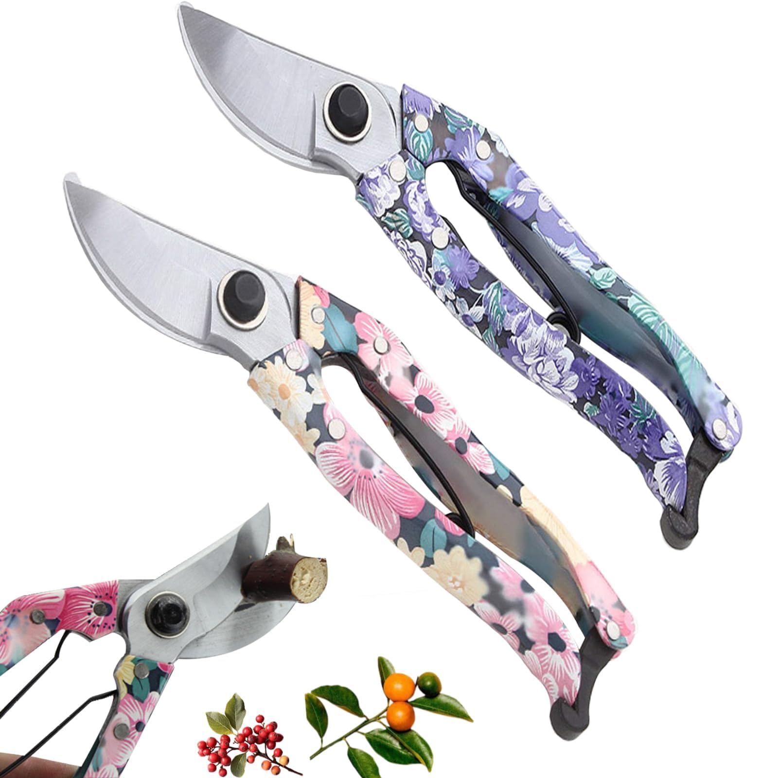 Women Scissors Set, 8" Pruning Shears & Secateurs with Steel Blade Tools for Garden, Flowers, Branches and Leaves blue+pink