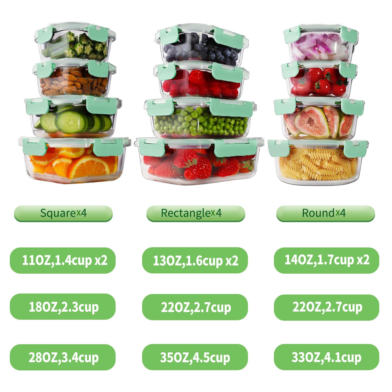 HOMBERKING Set di 12 contenitori per alimenti in vetro con coperchio, contenitori in vetro per la preparazione dei pasti, scatole bento ermetiche, senza BPA e a prova di perdite, per dispensa da
