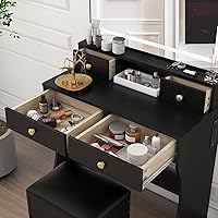 Vista 4 de Panana Juego de escritorio de tocador con espejo iluminado LED ajustable, tocador de maquillaje para niñas con taburete y 4 cajones