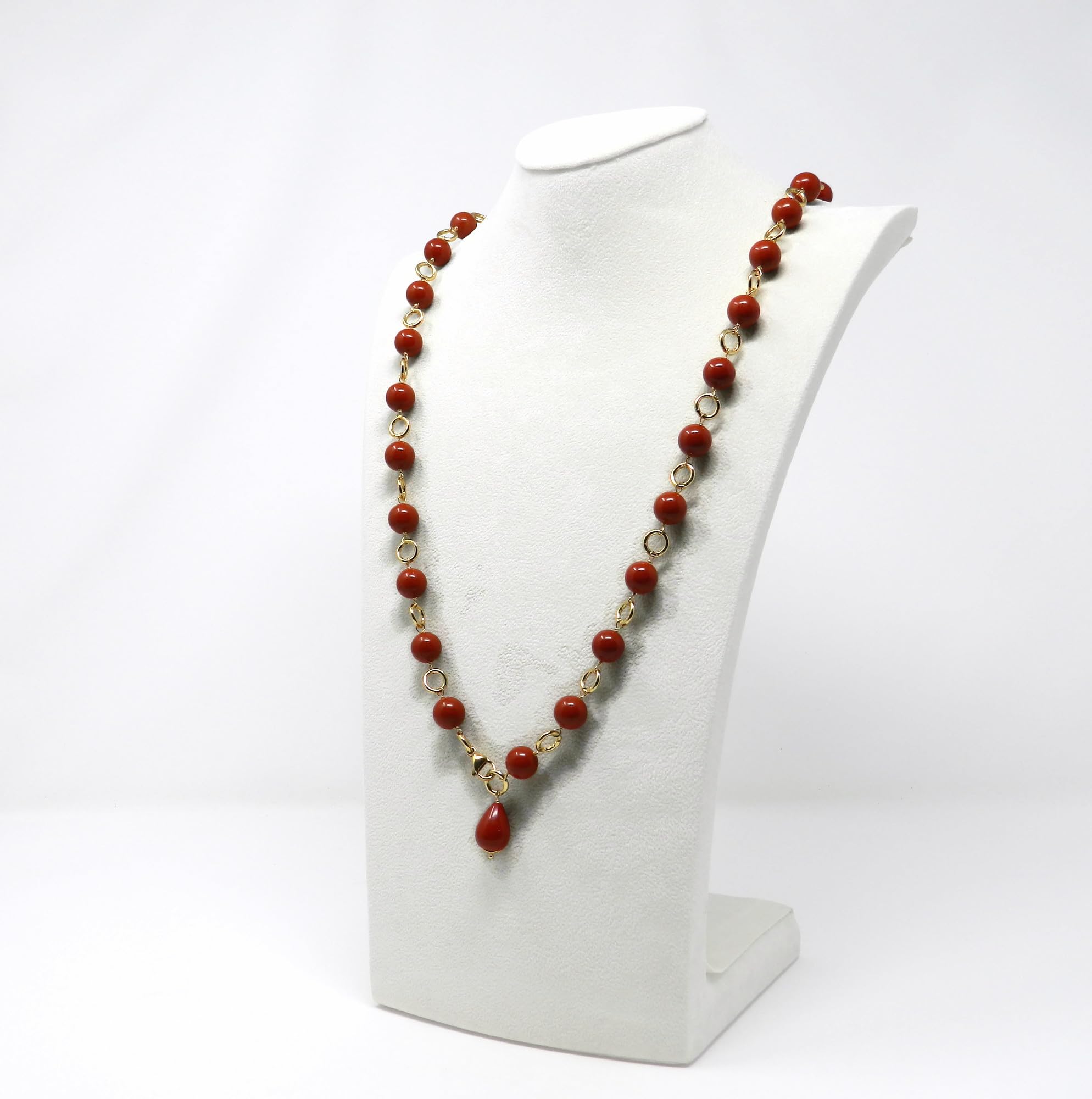 DodiGioielli Collana Lunga Donna con Pasta di Corallo Rosso Sardegna e Anellini Dorati, Goccia Pendente, 92 cm, Made in Italy