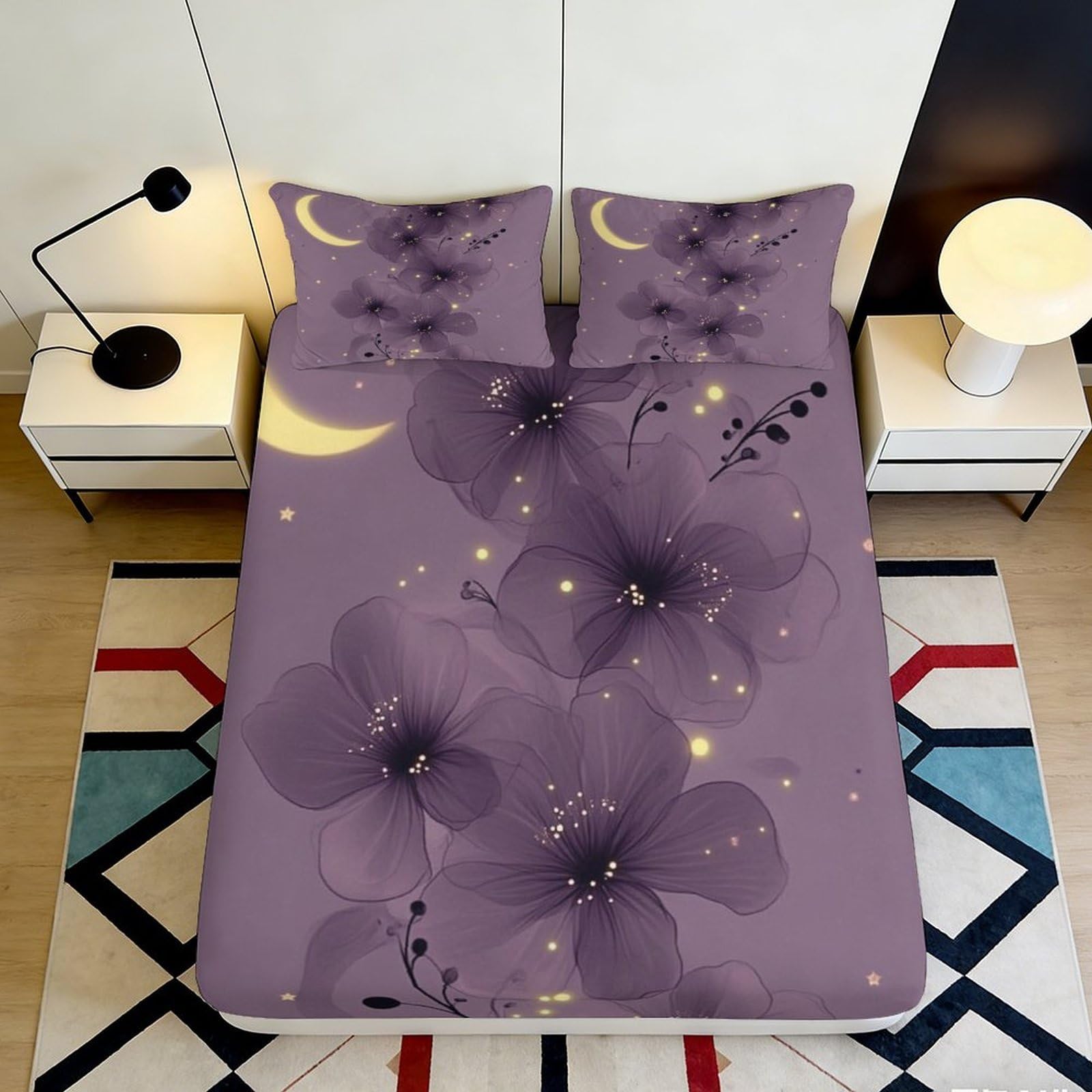 Jqzkxnhpbr Style-5 3D Printed Moon Blossom Fitted Sheet Microfiber Soft Purple Floral Star Mattress Cover For Bedroom Guestroom Decor 90X200x25cm