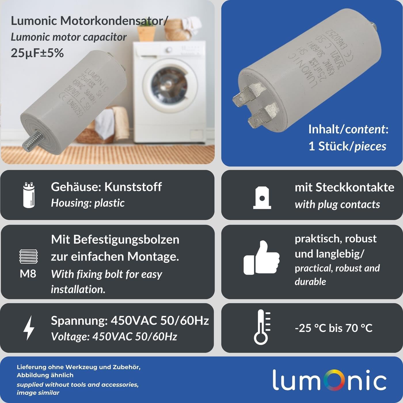 Lumonic Condensatore di avviamento 25µF 450V | con Spina I 38x75mm I 25uF I Condensatore motore con custodia in plastica I Condensatore di esercizio I per pompe, tosaerba, utensili