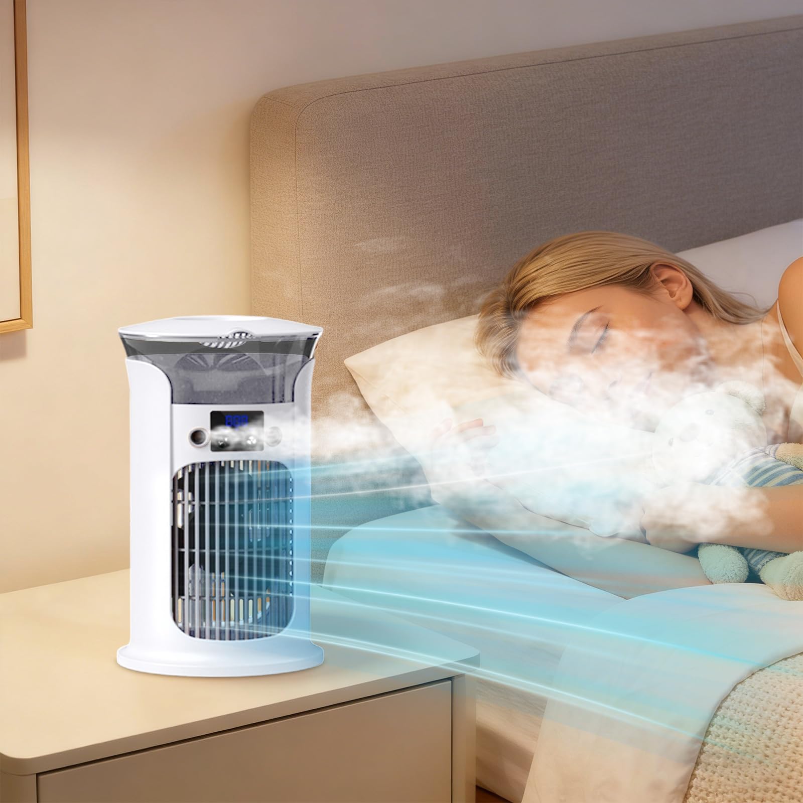 Enfriador de Aire Silencioso Evaporativo, Refrigeración por Bruma Fría, 3 Velocidades de Ventilación, Tanque de Agua de 880ml, Sin Tubo de Escape, Para Habitación, Oficina, Camping (Blanco)