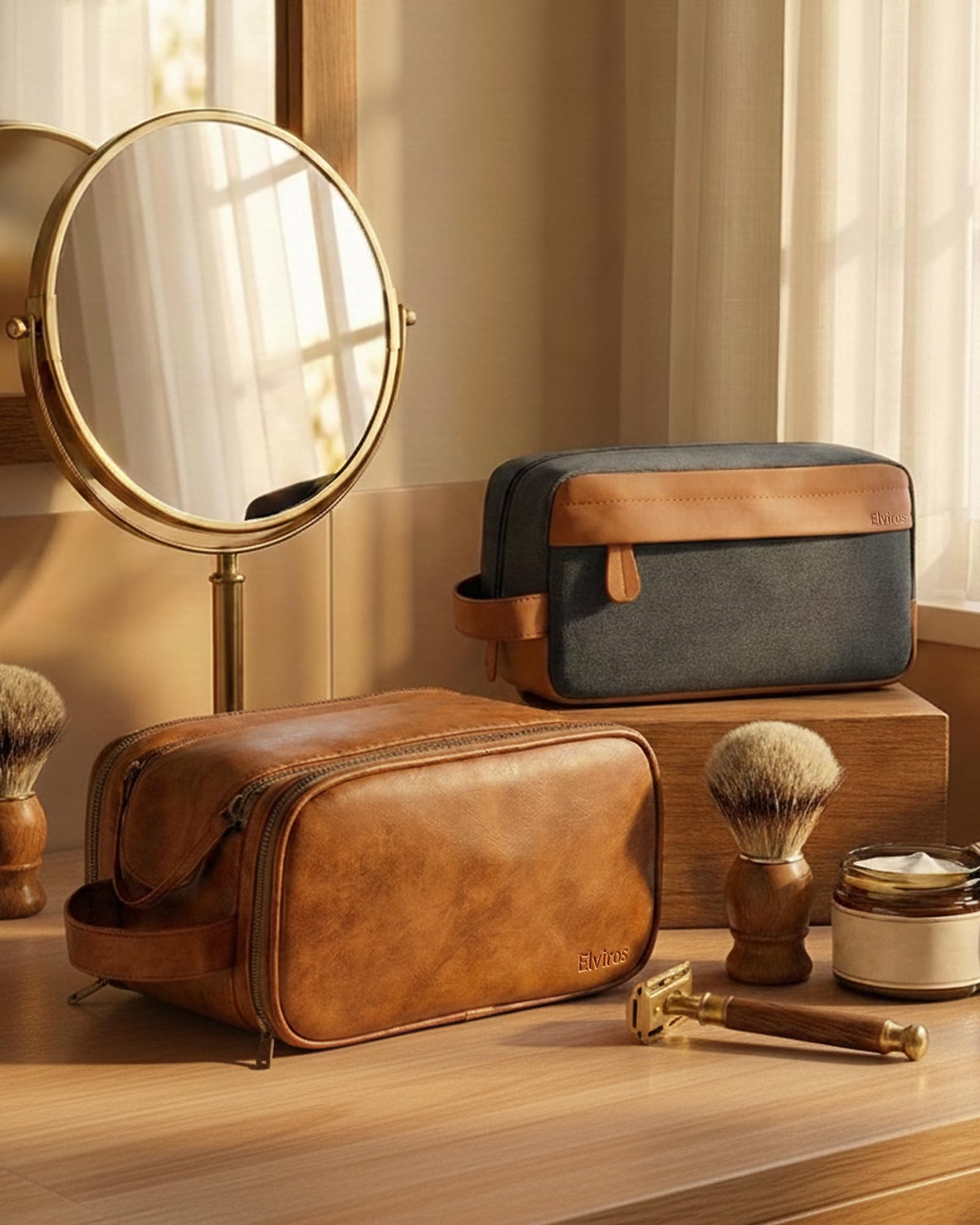 Elviros Beauty case da viaggio, idea regalo per uomini, set regalo per articoli da toeletta da uomo, set da barba, impermeabile, organizer per articoli da toeletta in pelle PU, confezione da 2 pezzi
