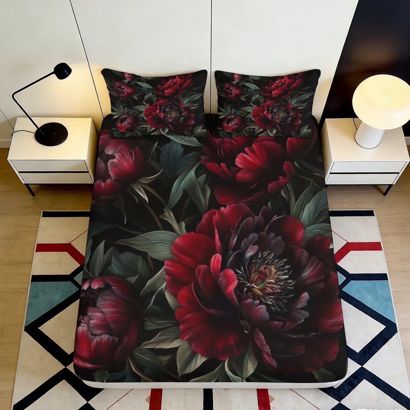 Dhbaneiok Style-9 3D Printed Dark Red Peony Fitted Sheet Microfiber Soft Breathable Botanical Bed Cover For Bedroom Guest Room Decor 90X200x25cm