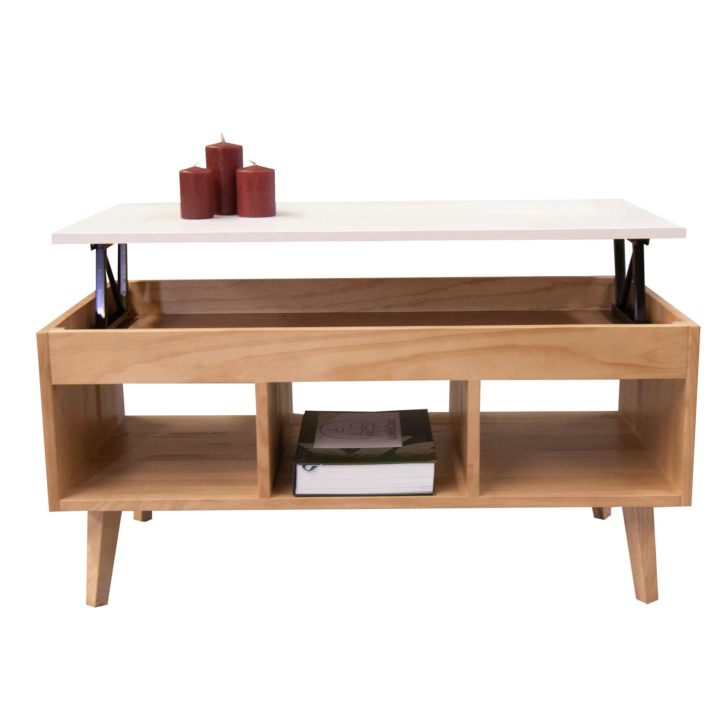 LoMasCasa - Mesa de Centro Salón Elevable Colección Karla 11 en Madera Maciza de Pino Natural Ecológica Estilo Nórdico en Color Madera y Blanca con Tres Huecos y Medidas 100x50x47 cm