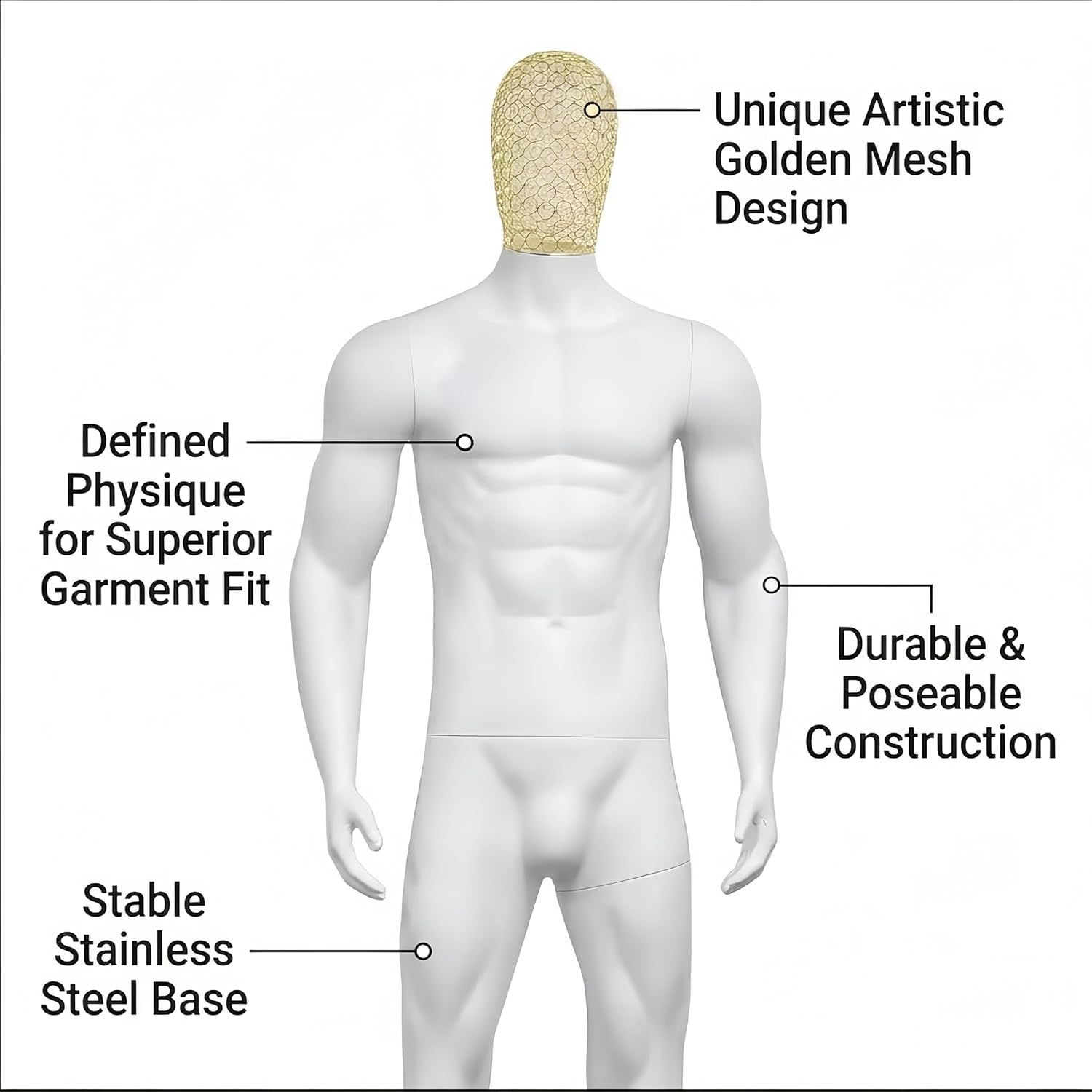 Muscular Male Mannequin Full Body, Realistic Male Dress Form with Sturdy Metal Base for Clothing Display Retail Store Boutique Photography (White with Gold Mesh Head)
