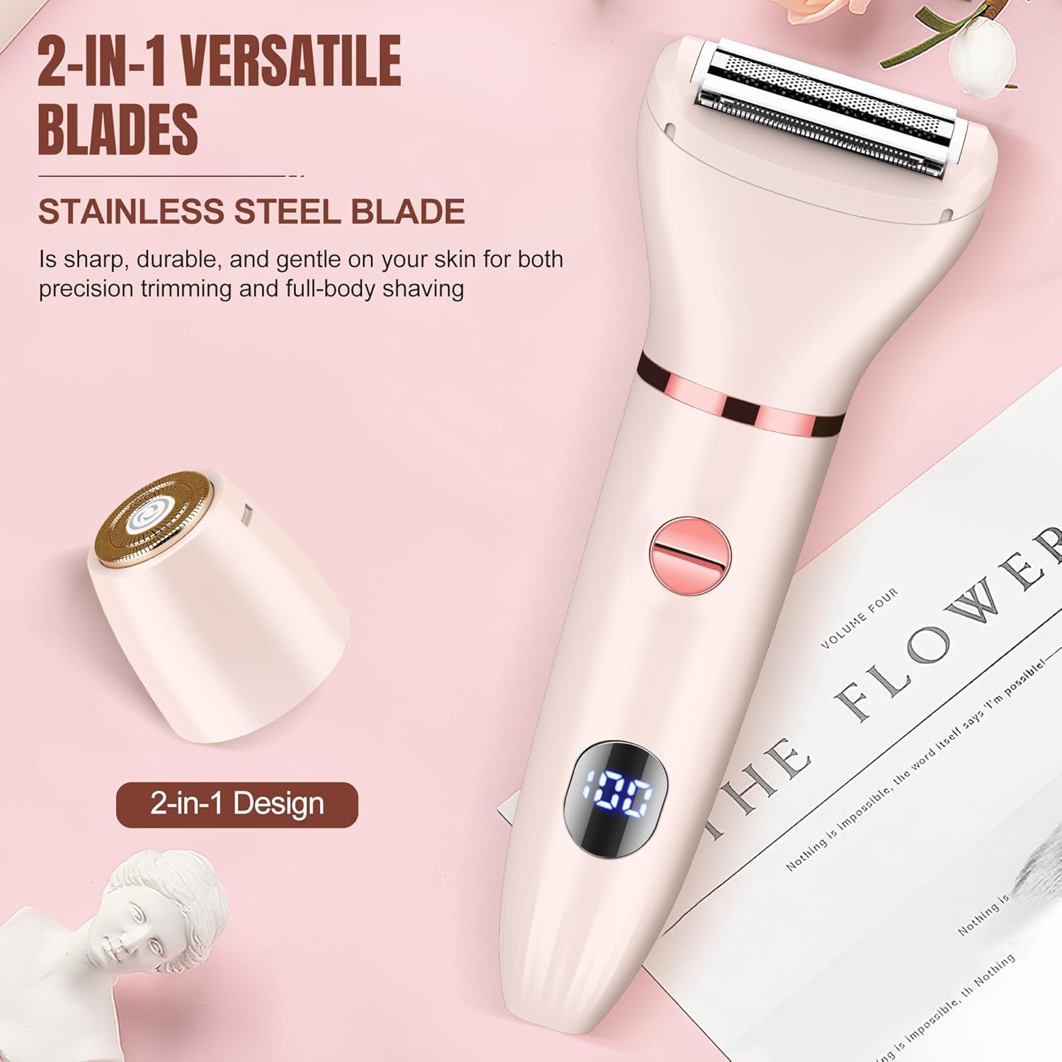 Karrte 2-in-1 Women Electric Shaver Dual Head Bikini Trimmer, Razors for Shaving Pubic Hair, Wet and Dry Cordless Painless Hair Removal for Private Area Pink - Image 2