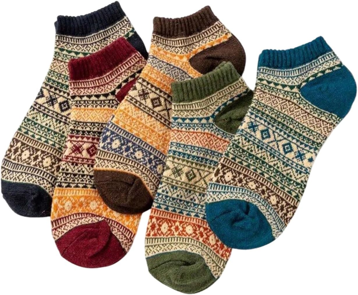 OYOANGLE Women's 5 Pairs Vintage Patterned Ankle Socks Boho Non Slip Low Cut No Show Sock