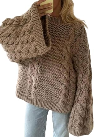 LETSVDO Womens Oversized Cable Knit Sweater Long Sleeve Crewneck Baggy Slouchy Chunky Pullover Sweaters
