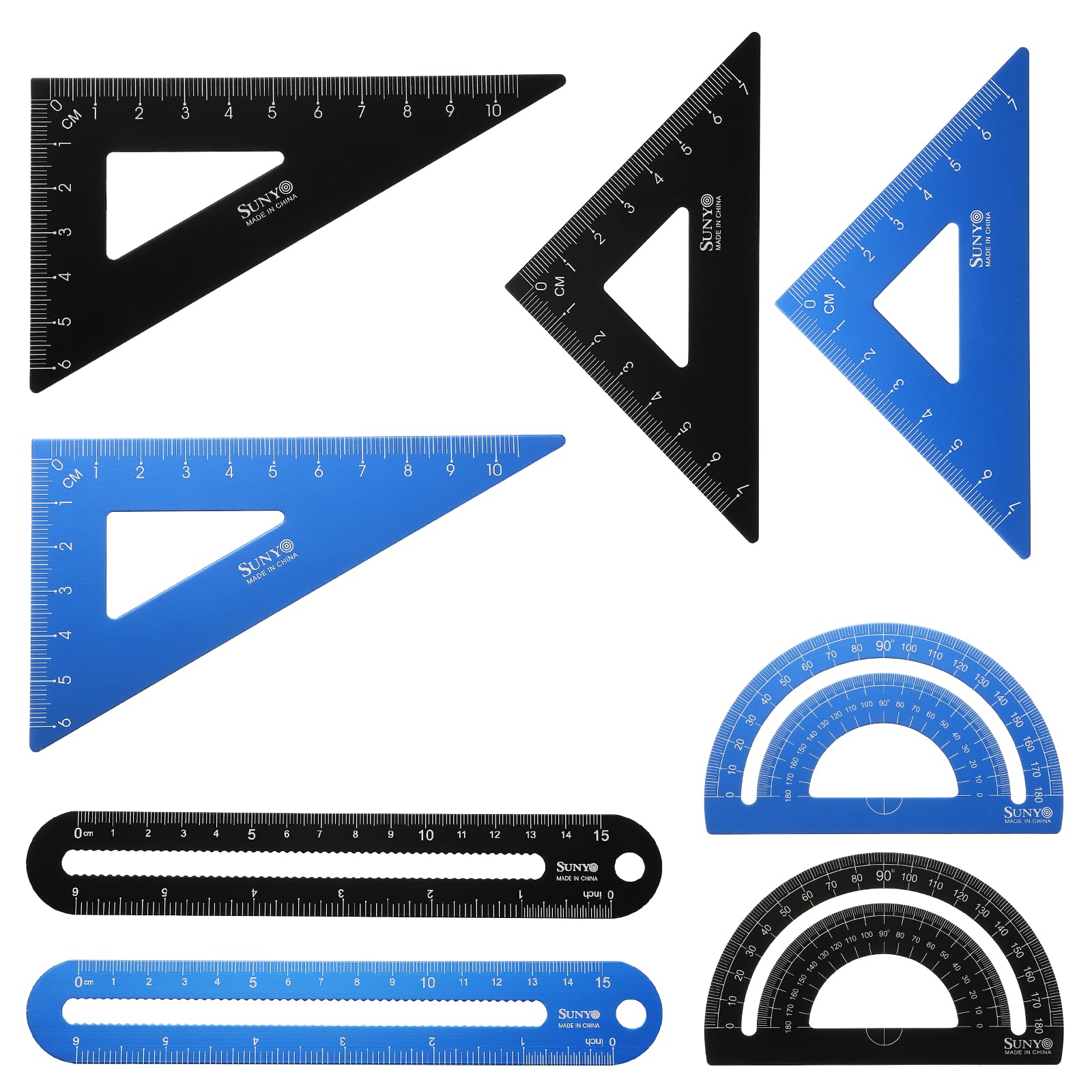 sourcing map 8pcs Triangular Ruler Set 15cm/6" Aluminum Alloy Straight Geometric Protractor Triangle Engineering Scale Drafting Ruler Kit Measuring Drawing Tool for Classroom Office, Blue/Black