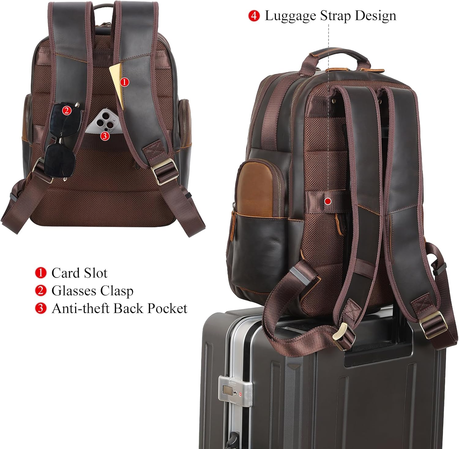 TIDING Men's Vintage Leather Backpack 15.6" Laptop Bag Large Capacity Business Travel Hiking Shoulder Daypacks - Image 2