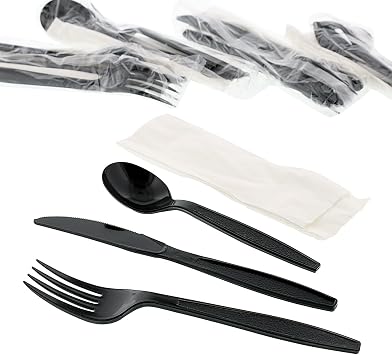 AmerCareRoyal 4-in-1 Disposable Silverware Heavy Weight Plastic Utensil Set with Soup Spoon, Fork, Knife and 13x17 inch Napkin - Individually Wrapped Cutlery Meal Kit, Black, Case of 250