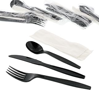 AmerCareRoyal 4-in-1 Disposable Silverware Heavy Weight Plastic Utensil Set with Soup Spoon, Fork, Knife and 13x17 inch Napkin - Individually Wrapped Cutlery Meal Kit, Black, Case of 250