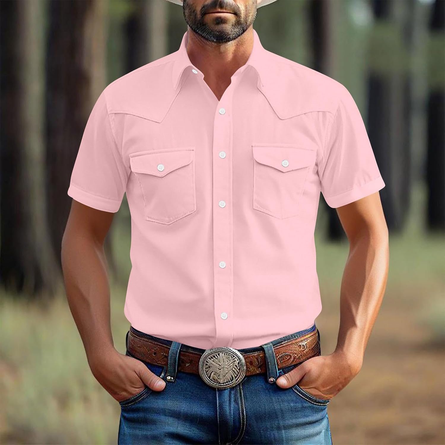 Mens Western Cowboy Shirts Pearl Snap Casual Short Sleeve Work Blouse Classic Lapel Collar Fashion Loose Tops