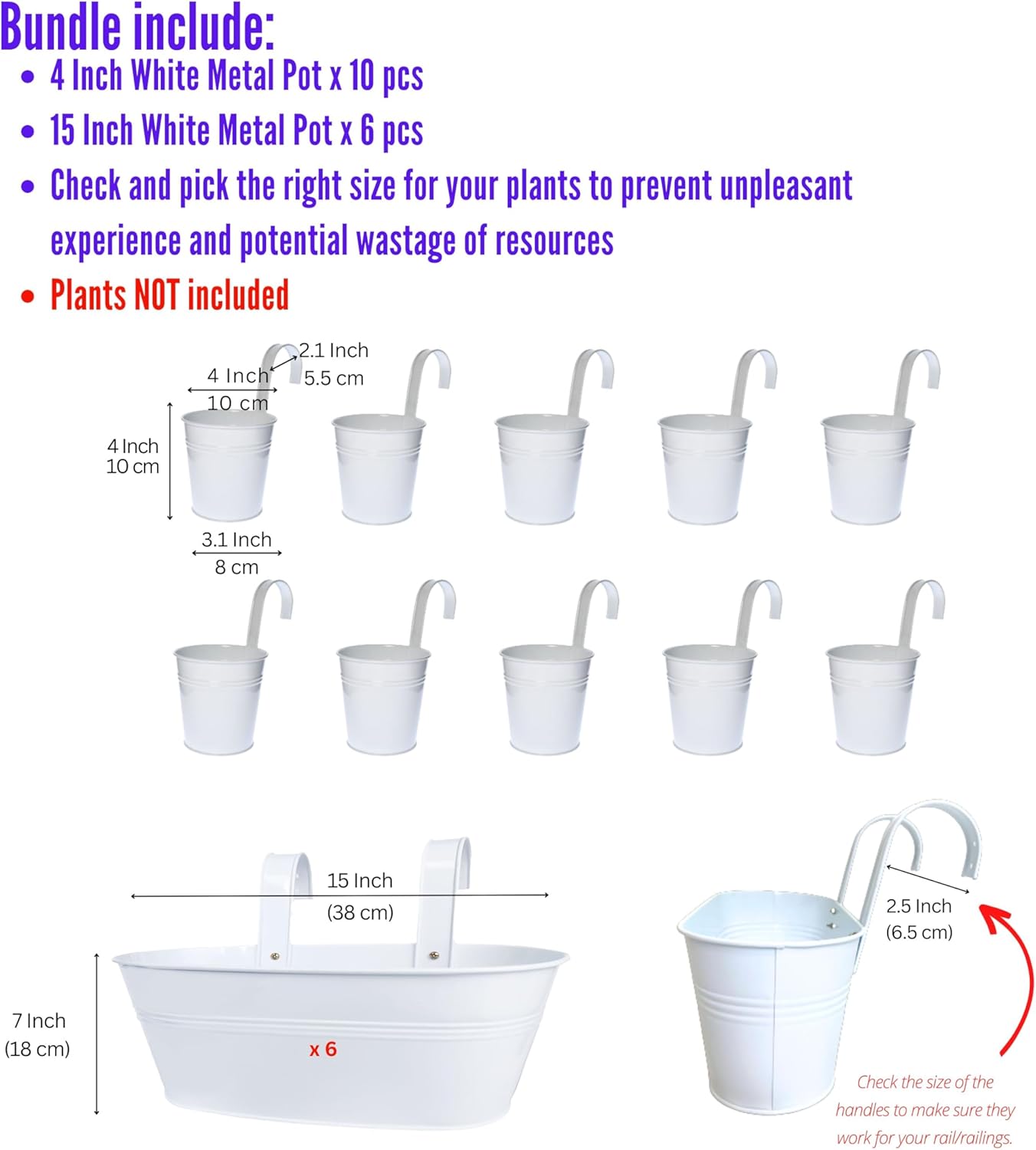 LaLaGreen Bundle- 10 Pack, 4 Inch Cute Size White Metal Pot + 6 Pack, 15 Inch Large Metal Pot Outdoor Rail Planter Boxes with Hanger Hook Window Hanging Plant Flower Herb Bucket Fence Deck Patio Porch
