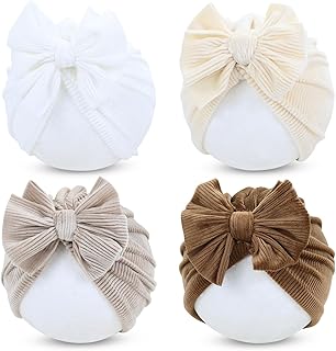 Cinaci 4 Pieces Baby Girls Turban Hats with Bow Newborn Hospital Caps Bonnets Beanies Headwraps for Infants Toddlers