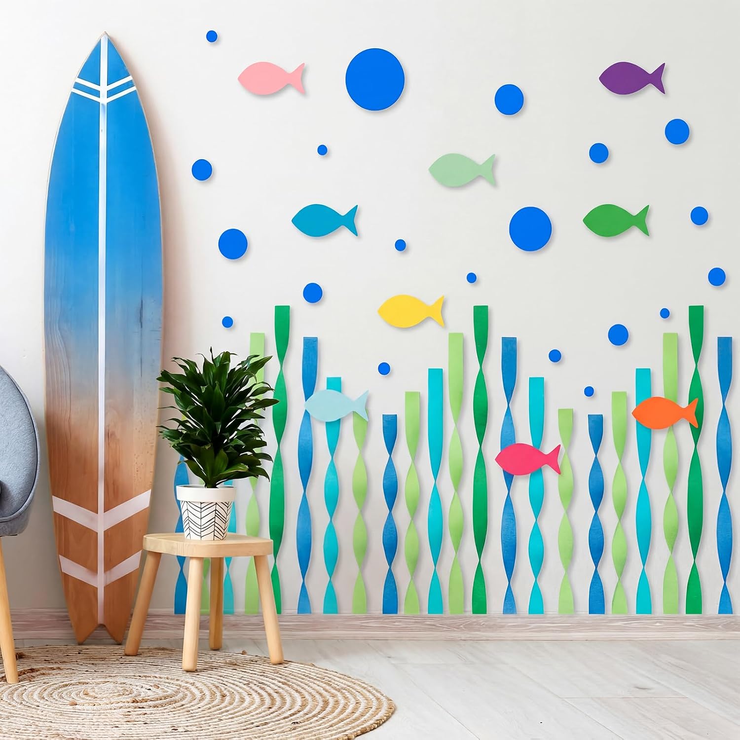 Colarr 43 Pcs Under the Sea Party Decoration Set, Cartoon Ocean Theme Birthday Party Supplies Crepe Paper Streamer Colorful Fish Cutout Round Sticker for DIY Craft Prop Bulletin Board Decor