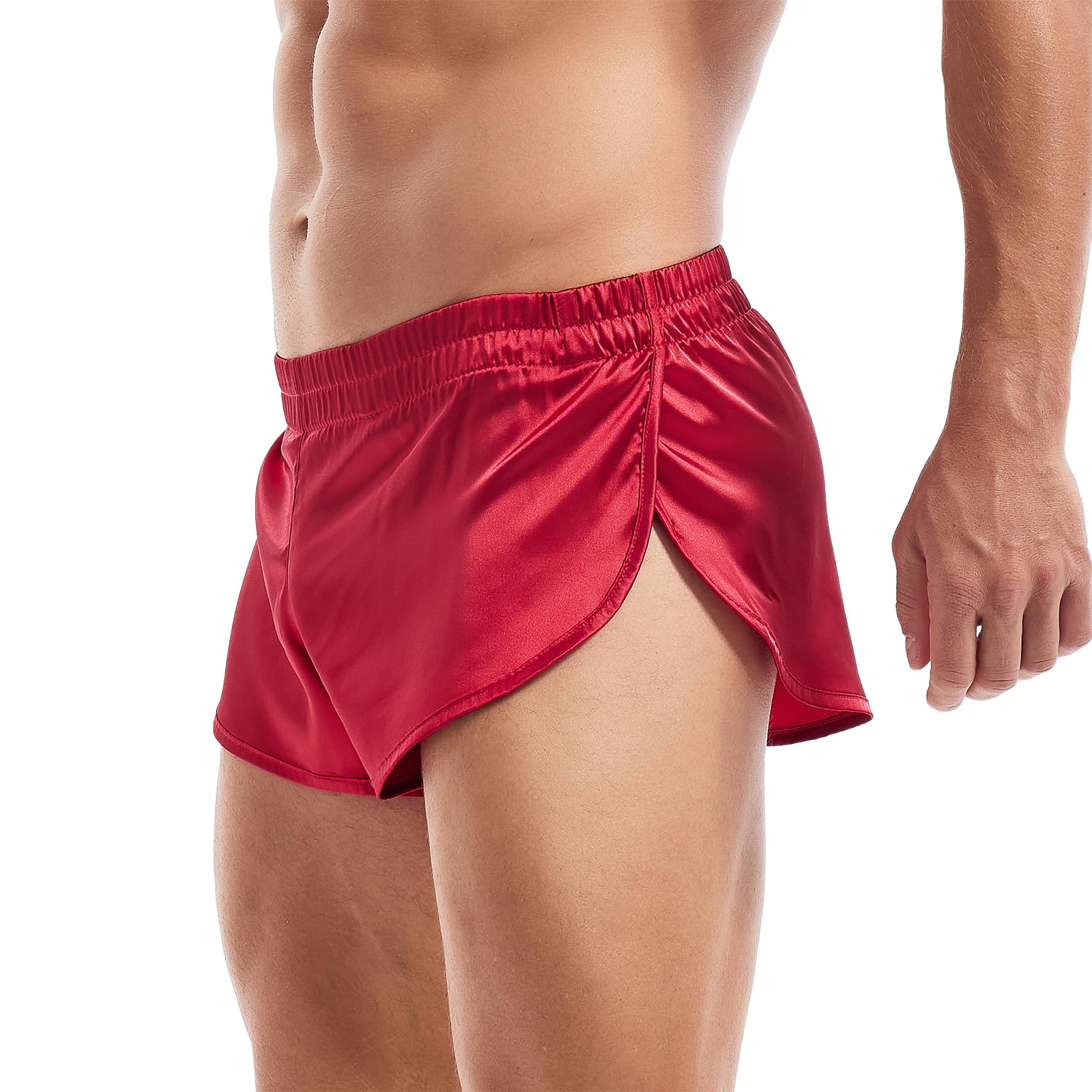 Amy Coulee Mens Sexy Boxer Shorts Split Side Jockstrap Underwear Trunks Satin Silk Boxers Briefs Lightweight Sleepwear Pajama Shorts (M, Red)