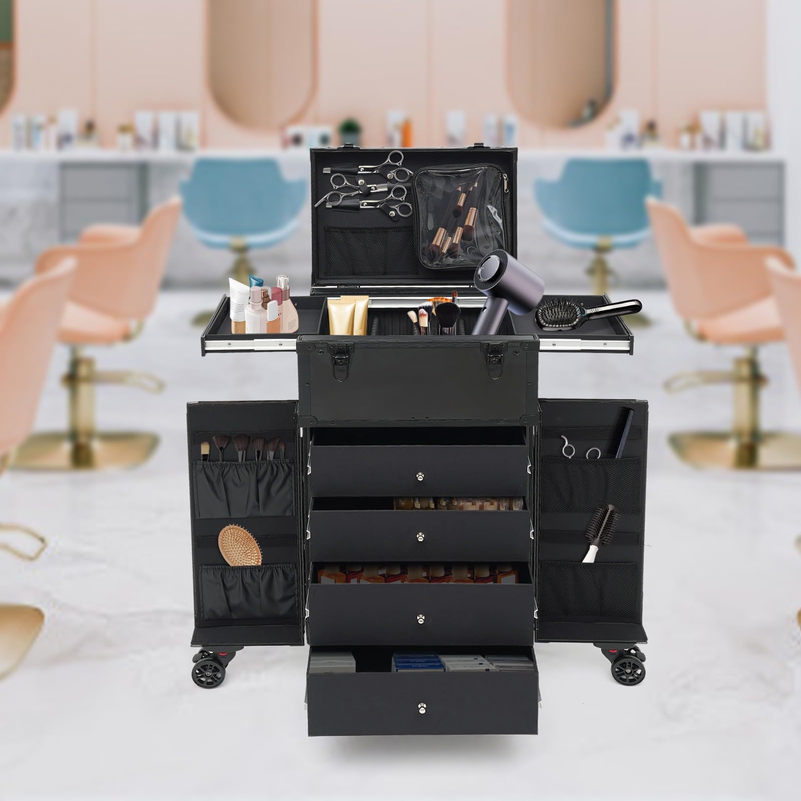 Makeup Koffer Kosmetikkoffer Schminkkoffer Groß Visagistenkoffer Beautycase Beauty Koffer für Make-up Artist Friseurkoffer Aluminiumlegierung mit 6 Universalrädern 4 Schlüsseln