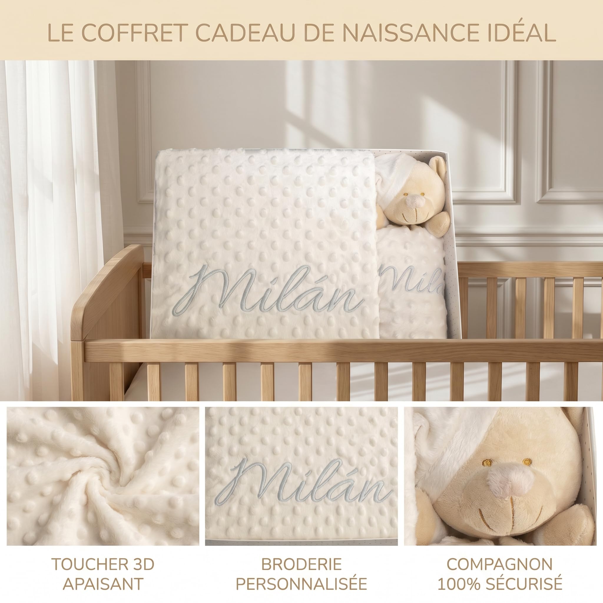 Couverture personnalisable avec nom brodé Cadeau pour parents Baptêmes Baby shower (couverture + doudou)