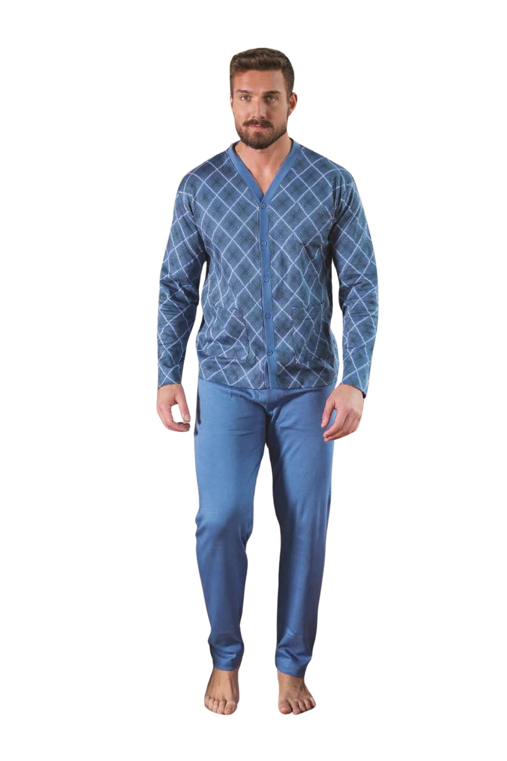 Leo Corsetteria Pigiama per Uomo Lungo 100% Caldo Cotone Invernale Aperto Bottoni Tre Tasche
