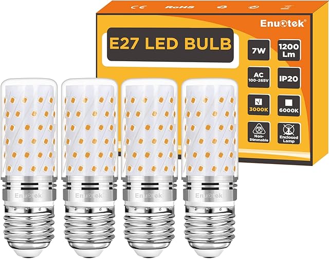 ENUOTEK E27 Edison Screw LED Corn Bulbs, 7W, 1200Lm, 120W Incandescent Bulbs Equivalent, 3000K Warm White, AC100-265V, Cylindrical Light Bulb Non-Dimmable for Desk Lamp, Floor Lamp, Bedroom 4 Pack