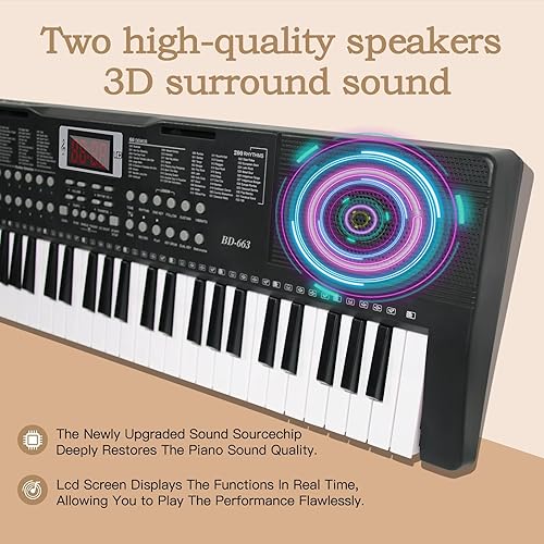 Miniatura 6 de Piano de teclado eléctrico de 61 teclas para principiantes/profesionales, teclado de música iluminado de tamaño completo, altavoces duales