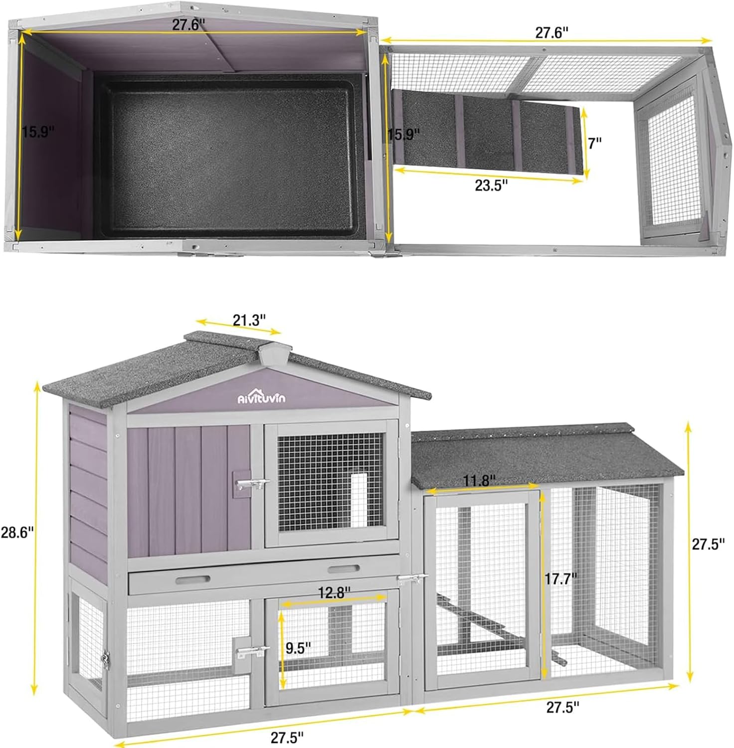 Aivituvin Chicken Coop Outdoor Rabbit Hutch Expandable Indoor Cage for Bunny, Small Chicken, Quail, Duck 57" L