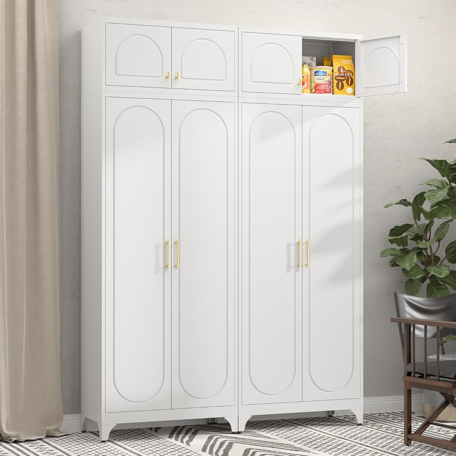 Metal Storage Cabinet with Doors, 90" Tall Kitchen Pantry Storage Cabinets with Adjustable Shelves, White Pantry Closet, Steel Large Cupboard, High Leveling Feet- Assembly Required
