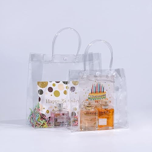 Miniatura 5 de SHIPKEY Paquete de 10 bolsas de regalo transparentes de 8 x 3.1 x 8 pulgadas, bolsa de regalo cuadrada transparente con asas, bolsas de compras de