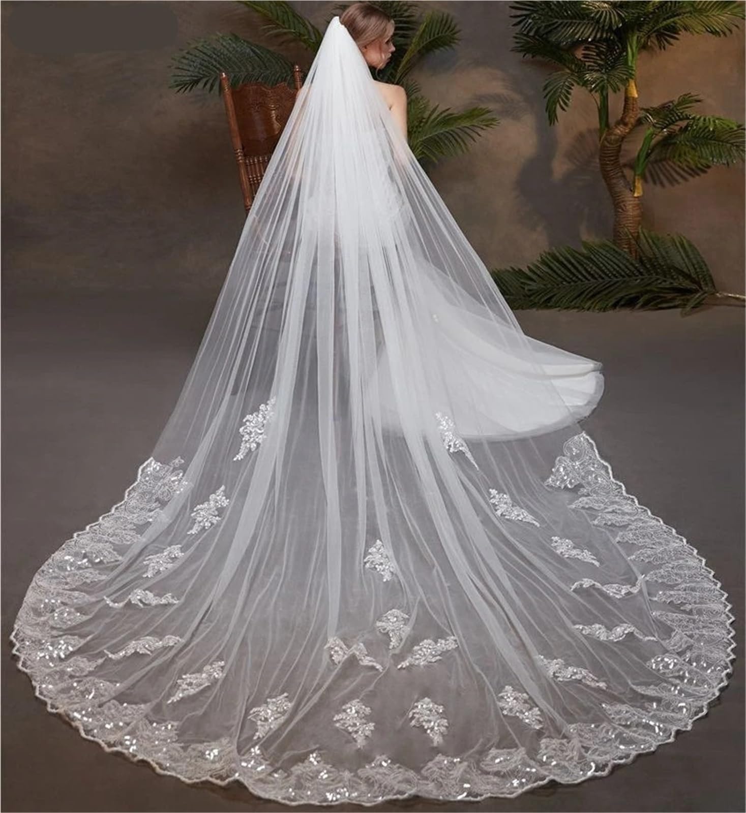 Generico Veli da sposa con applicazioni in pizzo e paillettes da 3 metri, accessori da sposa a 1 strato, copricapo da sposa, Novia Velos Welon