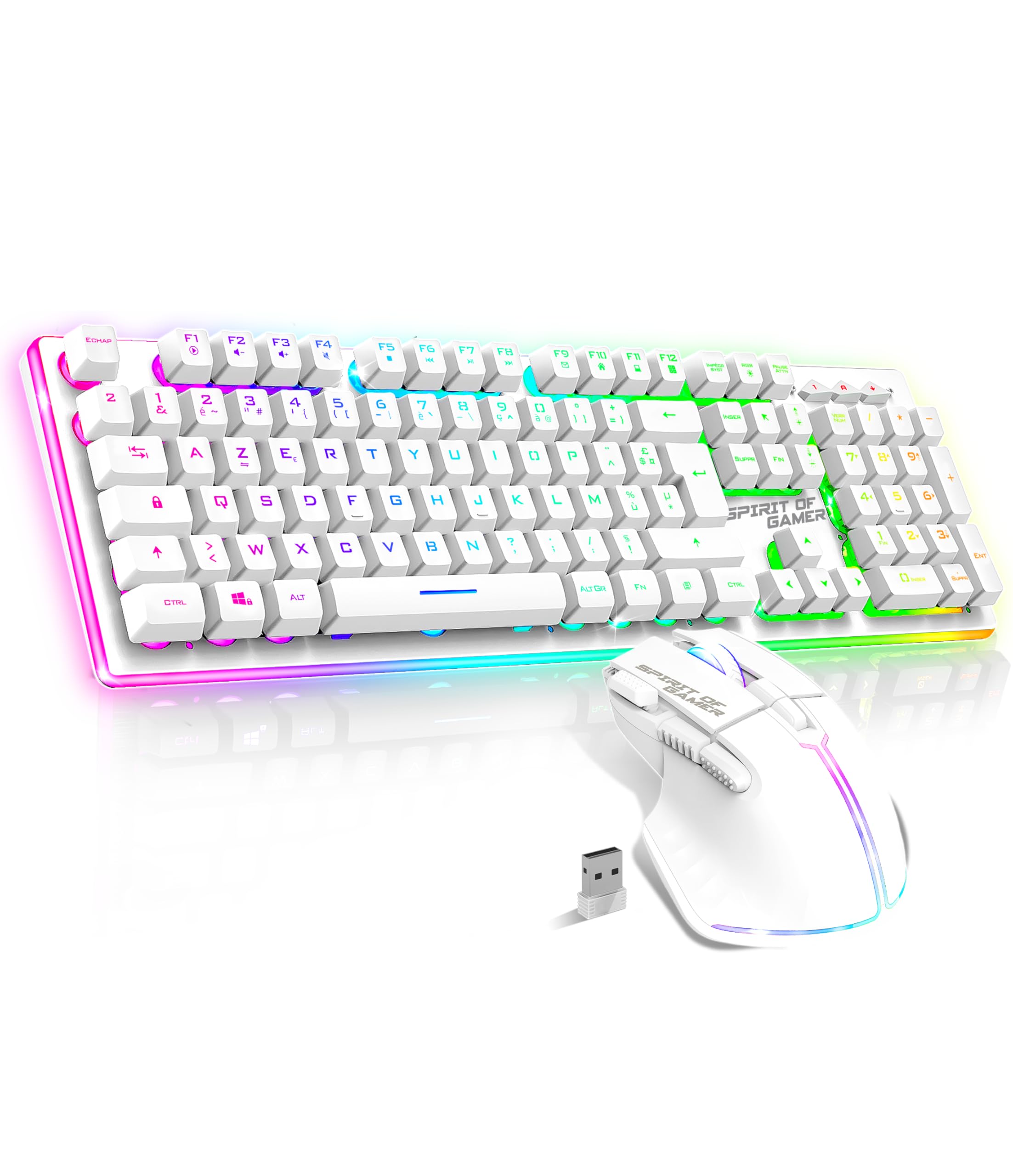 SPIRIT OF GAMER x MK600 | Pack Clavier Souris Sans Fil Blanc Rechargeable RGB | Layout AZERTY Français Rétroéclairé | Gaming Keyboard Semi Mecanique | Wireless Mouse 4800 DPI | PS4/​PS5, PC, Xbox