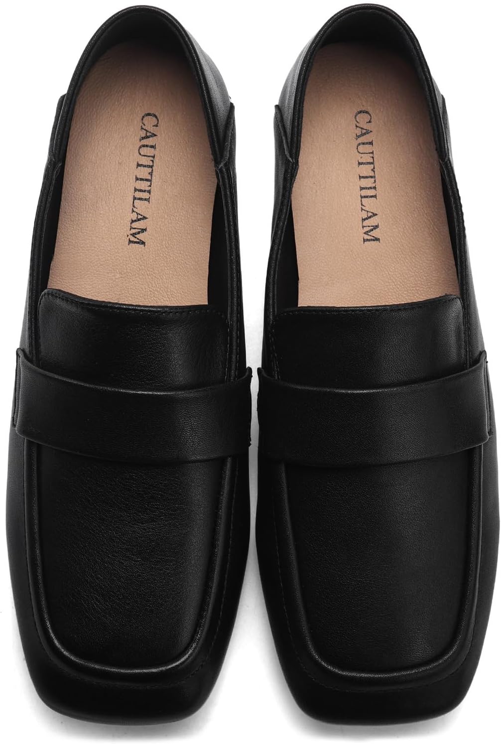 Women's Genuine Leather Square Toe Loafers - British Style Plain Strap Dress Shoes, Classic Minimalist Office Work Flats, Comfortable Soft Walking Slip-ons