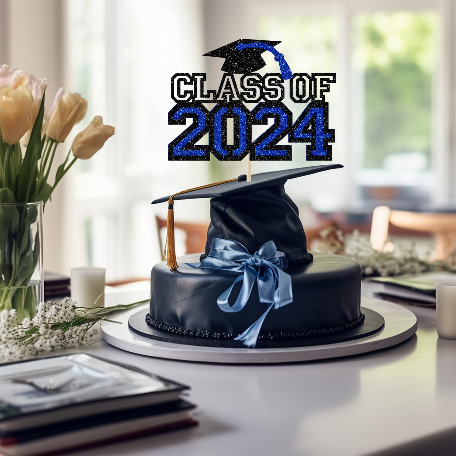 2024 Abschluss-Kuchenaufsatz „Class Of 2024“ – Blau, Glitzernd, Ca. 15x22,6 Cm, Für Cupcakes & Torten