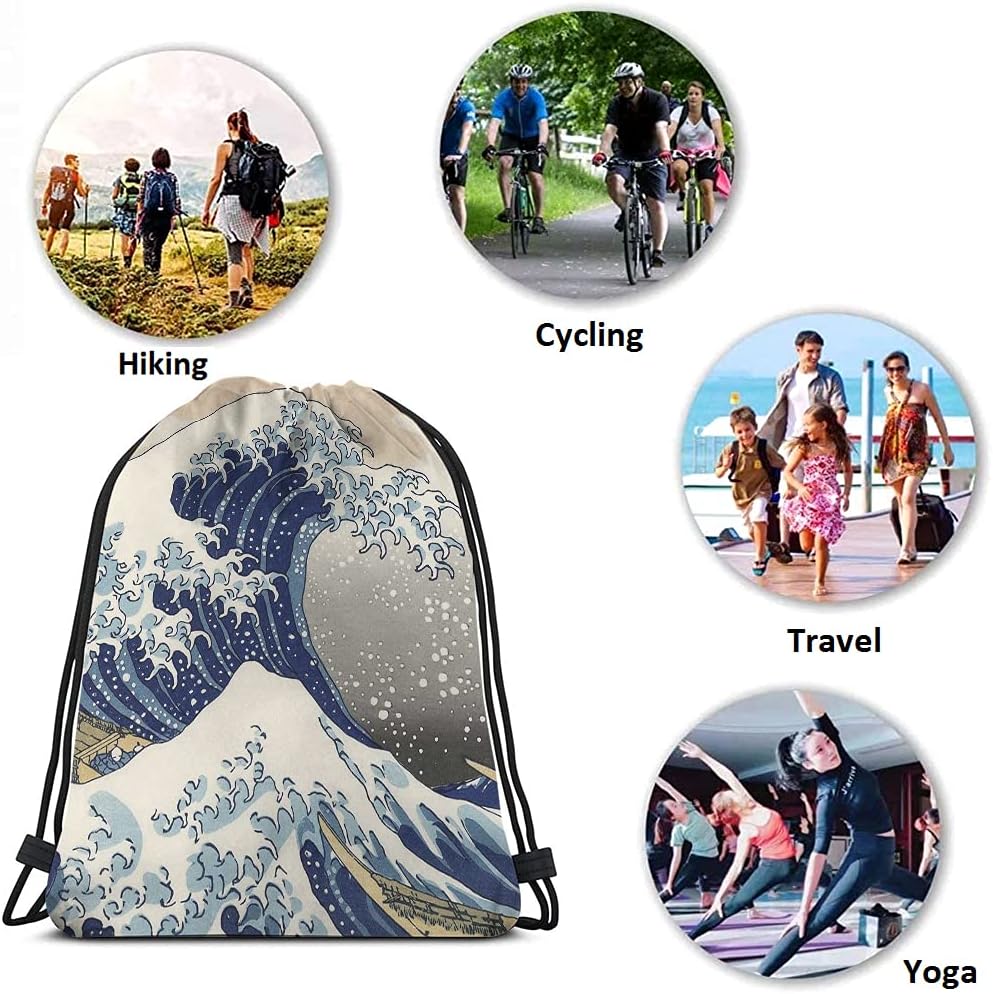 Japanese Style Wave Drawstring Backpack Bag The Great Wave Off Kanagawa Ocean Series Strong Power Magic Sport Gym Sack Drawstring Bag String Bag Yoga Bag for Men Women