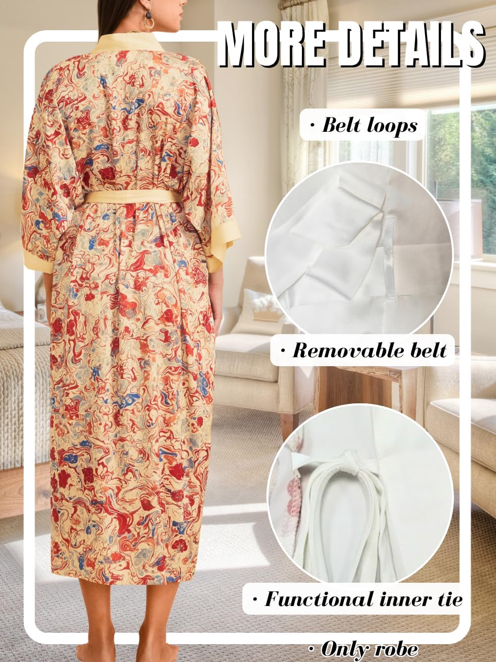 Women's Fancy Print Satin Kimono Robe, Soft Silky Lightweight, Long Wedding Bridesmaid Robes Fits Sizes 0-12 - Image 3