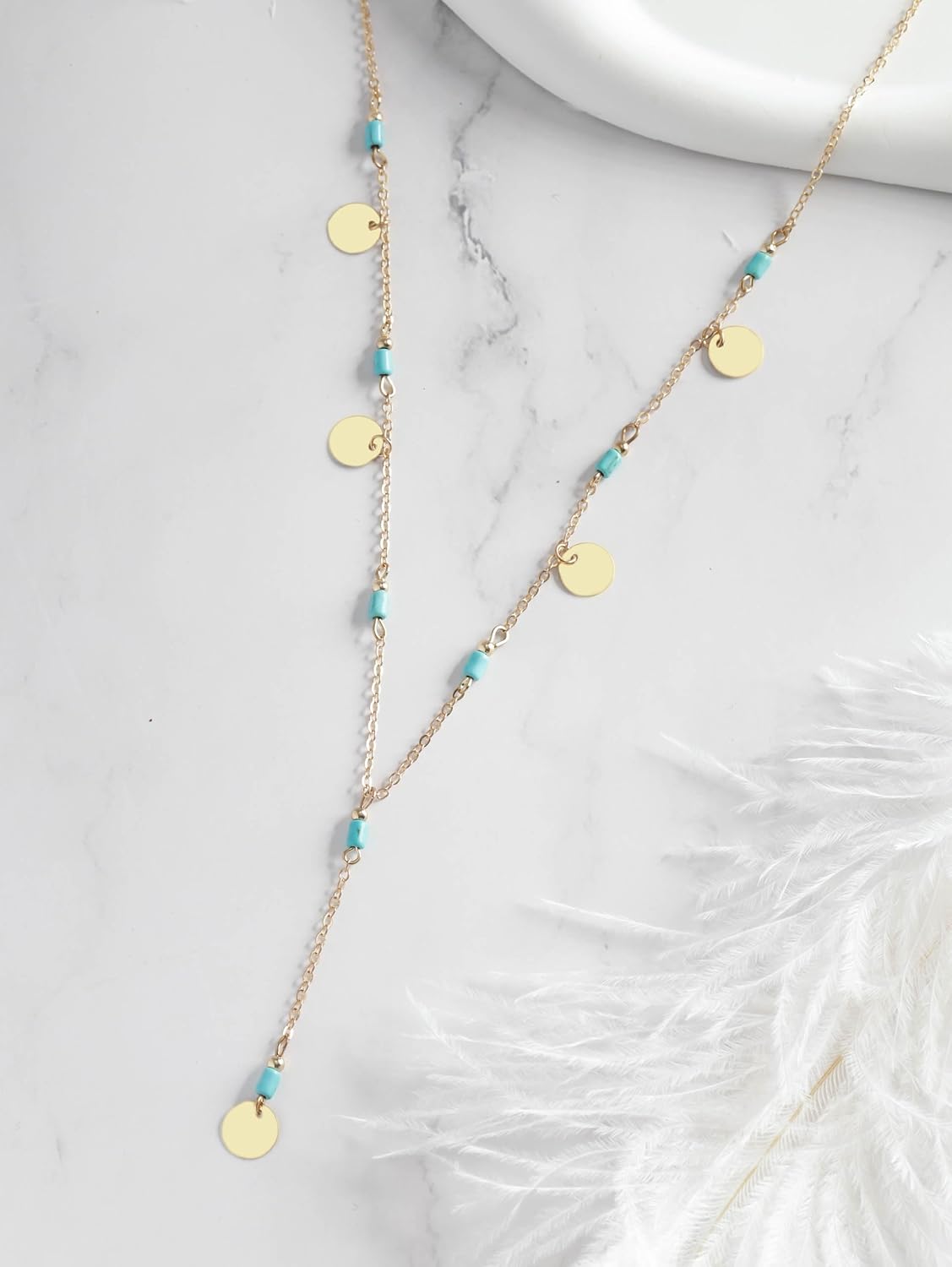 MINACHI Vintage Boho Created Turquoise Coin Dainty Gold Plated Chain Y Necklace, Trendy Minimalist Bohemian Jewelry Gift for Women - Image 3