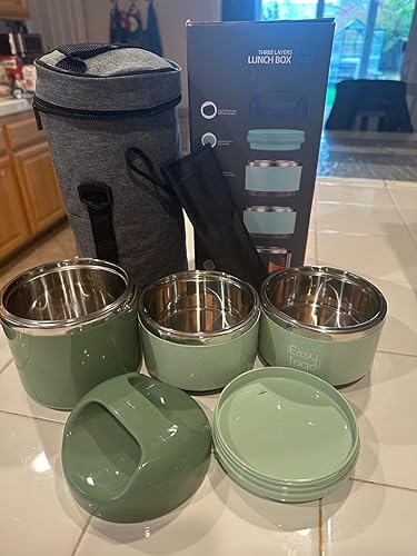 Miniatura 3 de Lonchera de 3 niveles, 43 onzas, color verde, apilable, de acero inoxidable, con bolsa de almuerzo y juego de cubiertos, lonchera portátil, para