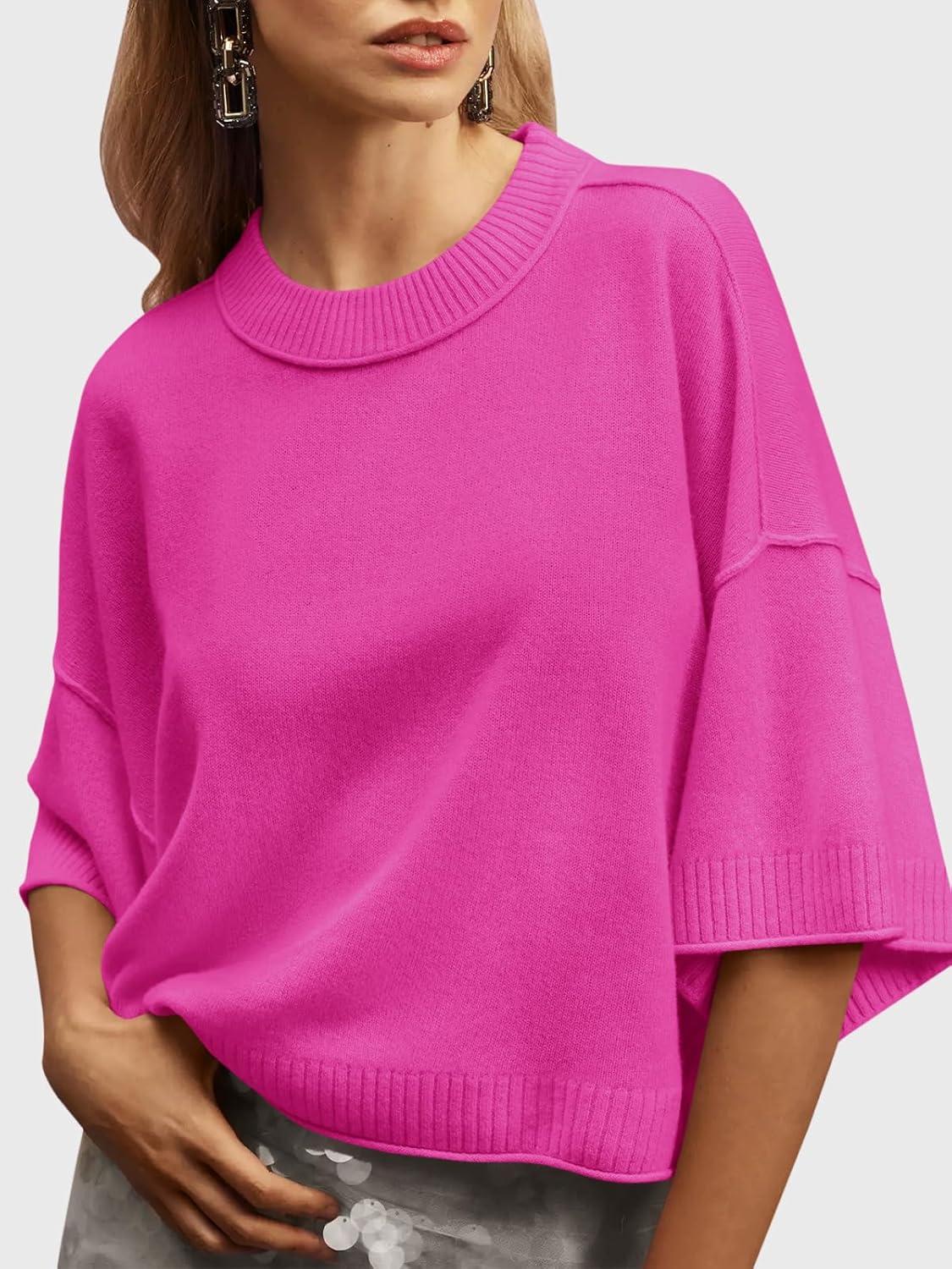 Saodimallsu Womens Short Sleeve Sweater Summer Oversized Cropped Sweaters Casual Crewneck Lightweight Knit Tops - Image 2