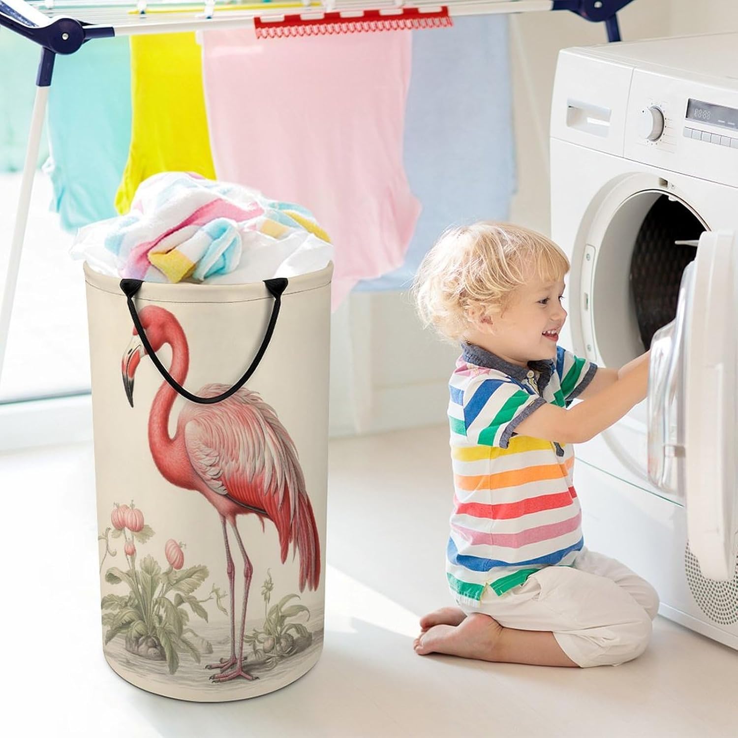 Art Flamingo Laundry Basket Freestanding Laundry Hamper with Handles Waterproof Dirty Clothes Hamper Collapsible Washing Bin Aesthetic Clothes Basket for Bathroom Bedroom Dorm