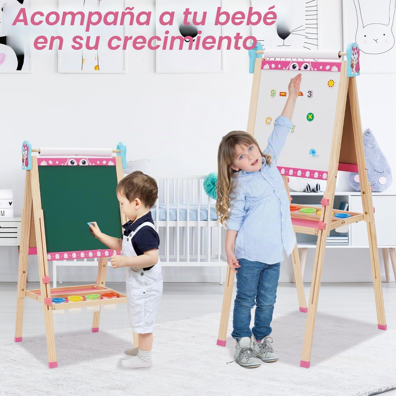 Caballete Infantil 3 en 1 Pizarra de Dibujo de Doble Cara de Madera Plegable con Rollo de Papel, Pizarra Blanca y Pizarra Caballete de Arte de Altura Ajustable 95-125cm Todo en Uno con 100+ Accesorios