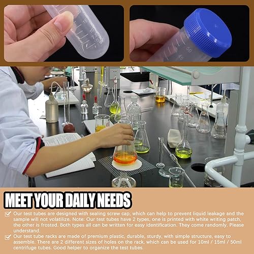 Miniatura 6 de Wokape Soporte de tubo de ensayo de plástico de 28 pocillos, estante desmontable para tubos de centrífuga + 25 tubos de centrífuga de fondo plano de