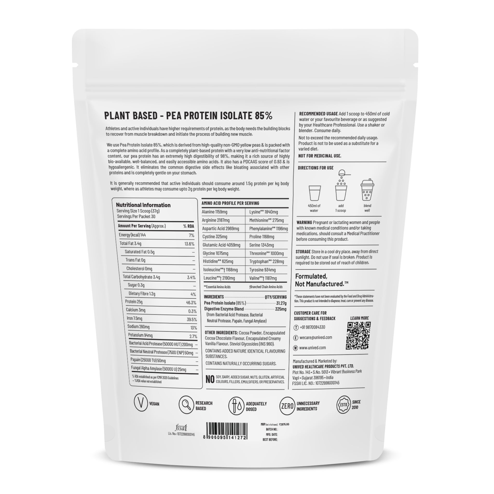 Unived Pea Protein Isolate with Natural Digestive Enzymes, 100% Vegan & Plant-Based, BCAAs, Amino Acid, Lean Muscle Development, Non-GMO & Sugar-Free, Natural (Chocolate 30 Servings) - Image 2 thumbnail