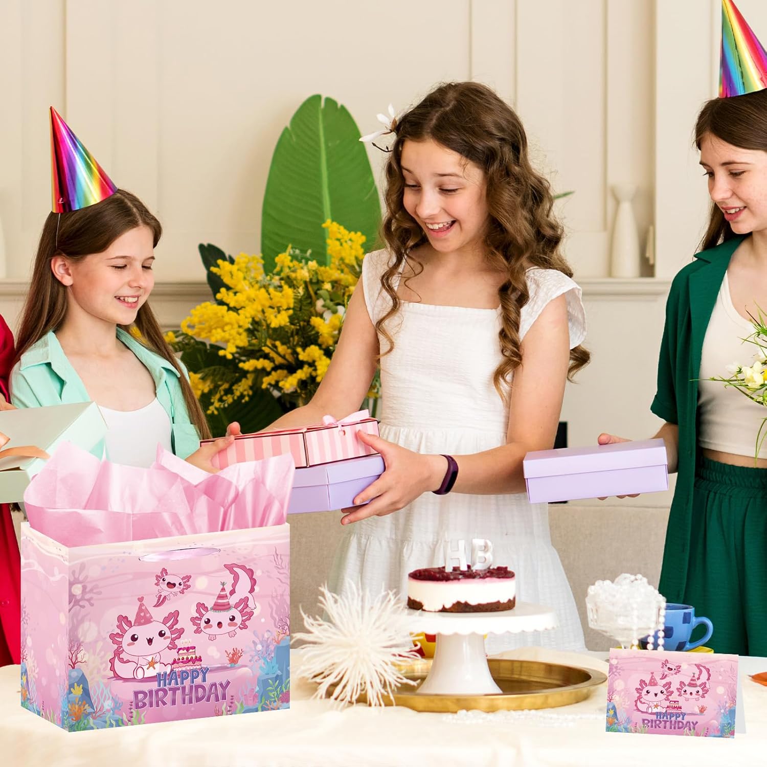 Axolotl Birthday Gift Bag - Happy Birthday Party Decorations for Women Girls, Pink Party Favor Wrapping Bag with Handle Tissue Paper Greeting Card, Salamander Theme Decorations Supplies - Image 3