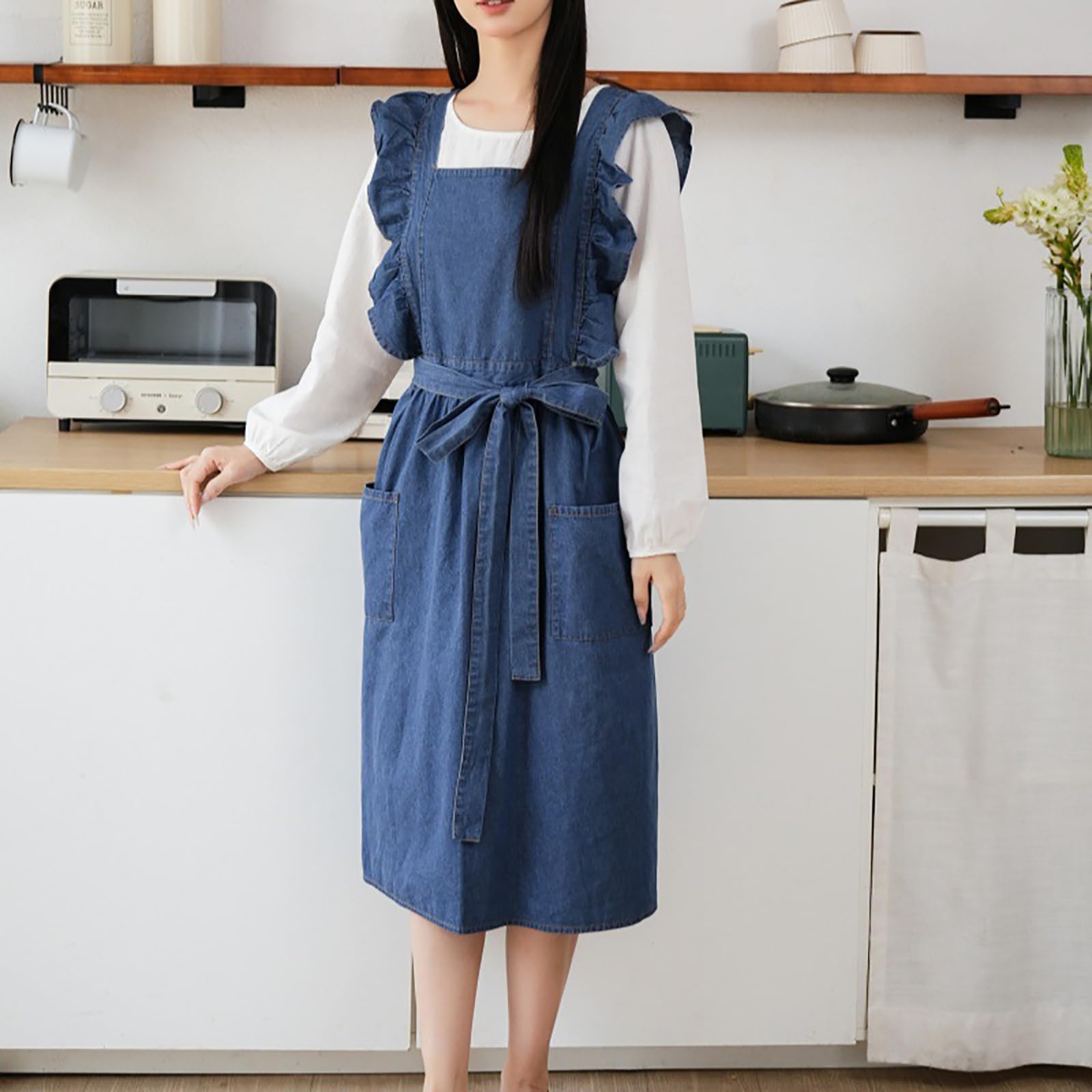 Amazon.co.jp: Women's Vintage Denim Ruffle Apron with Cross Back
